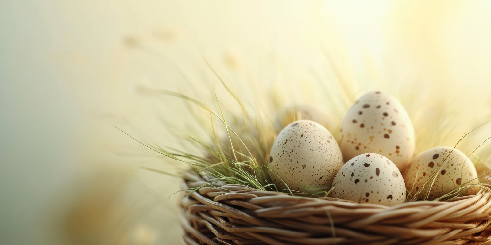 Decorative nest with speckled eggs arranged on soft grass in warm light during springtime